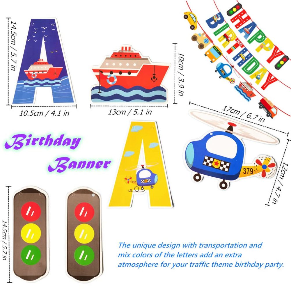 SAMHENG Transportation Birthday Party Decorations Set, Traffic Light Happy Birthday Photo Props Banner Flags with Car Bus Train Plane Ship Transport Theme Spiral Hanging Decoration Supplies - Image 6