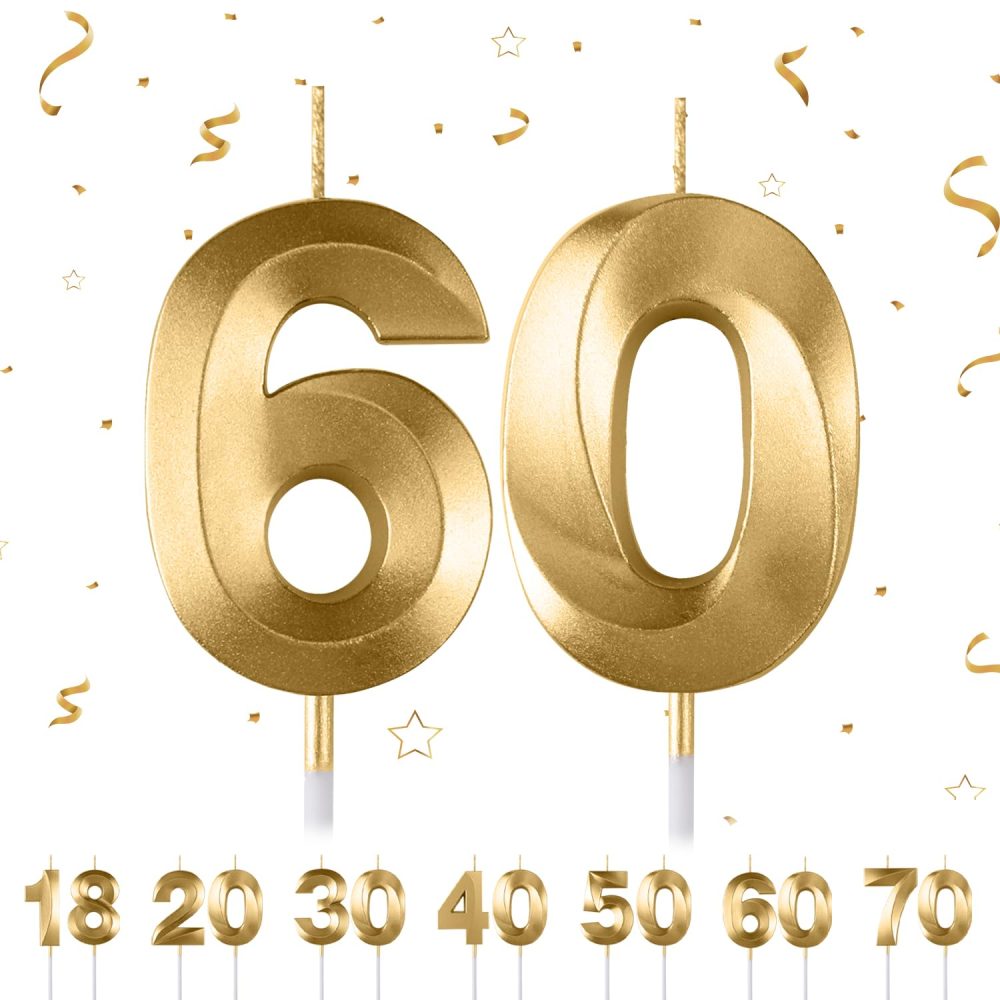 60th Birthday Number Candles,3D Gold Birthday Candle,Number 60 Candle for Birthday Party Cake Topper Decorations for Woemn Men Birthday Party Anniversary Supplies