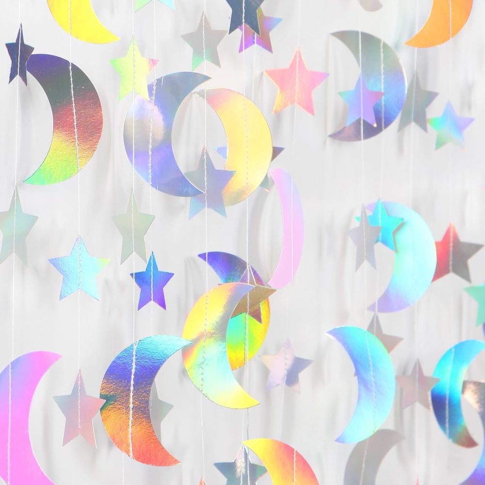 OURUOLA Iridescent Disco-Holographic Party-Decorations Moon-Star Garland - 62Ft Twinkle Little Star Hanging Neon Streamers Banner,Eid Ramadan Mubarak Decoration Birthday Wedding Baby Shower Decor
