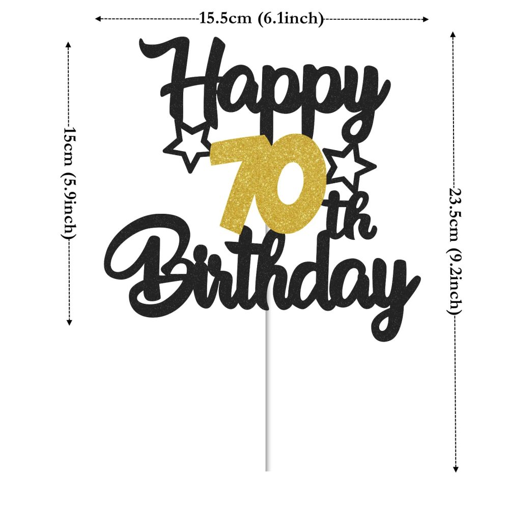 Gidobo 70th Birthday Cake Toppers, Black Gold Glittery Cake Decorations with Stars, Seventy Years Old Birthday Party Supplies for Men and Women - Image 7