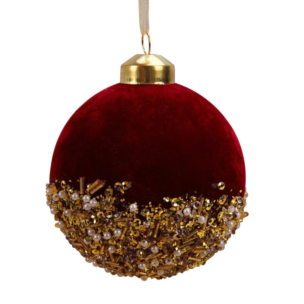 kemengsuer Red Christmas Balls Ornaments, 3inch Red Velvet Christmas Tree Hanging Balls with Gold Sequins and Pearls, Shatterproof Glitter Sequin Foam Balls for Xmas Wedding Party Decor(Wine Red)