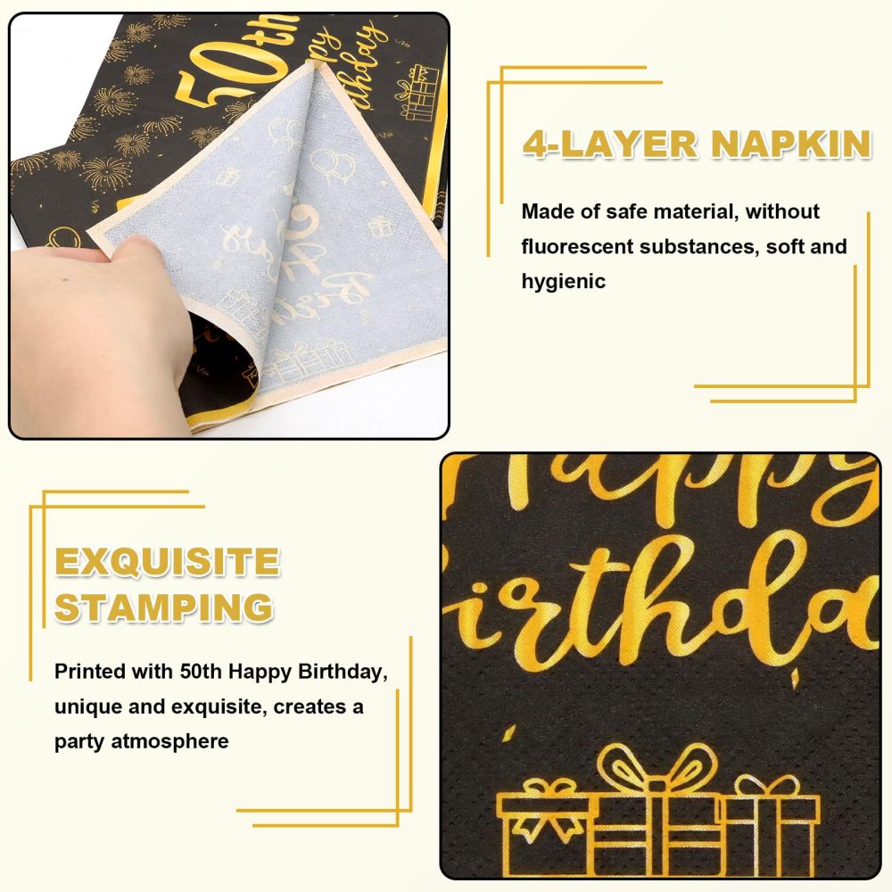ZOCONE 60 Pcs 50th Birthday Napkins Black and Gold 50th Birthday Table Decorations for Men Women Disposable 50th Birthday Party Napkins Happy 50th Birthday Party Supplies Table Decor(50th, 60PCS) - Image 6