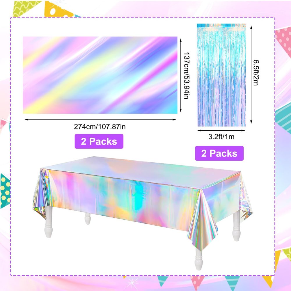 Meng Jiaran 4 Pack Iridescent Party Table Cloths Tablecloth for Mermaid/Birthday Party, 2 Styles Rainbow Holographic Rectangle Table Covers Shiny Tablecloth for Wedding Christmas Party Decorations - Image 2