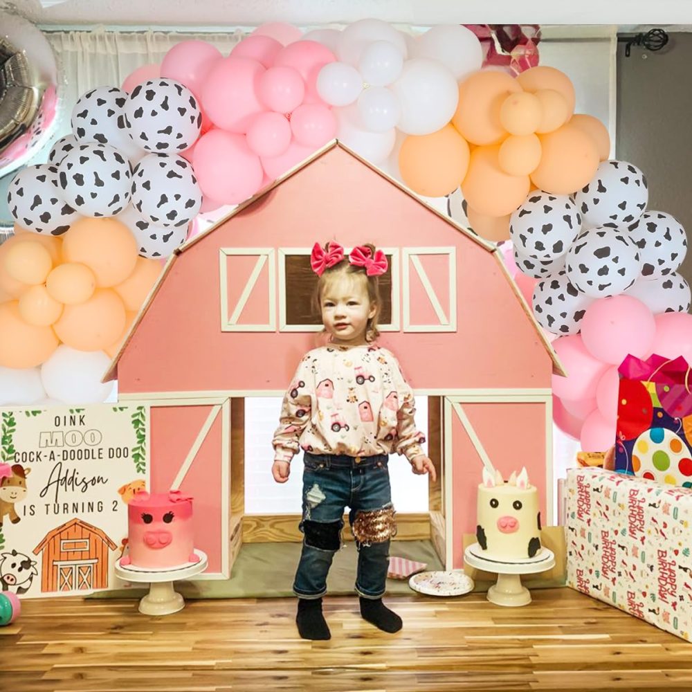 JOYMEMO Farm Animals Birthday Decorations for Girls, Cow Print Pink Balloon Garland Arch Kit, Farmhouse Barnyard Party Supplies with Backdrop for 1st 2nd Birthday - Image 5