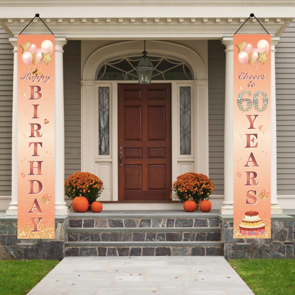 Happy 60th Birthday Door Banner Party Decorations,Rose Gold Fabric 60th Birthday Door Porch Sign Banner for Girls Women 60th Years Old Birthday Party Indoor Outdoor Decor Supplies - Image 2
