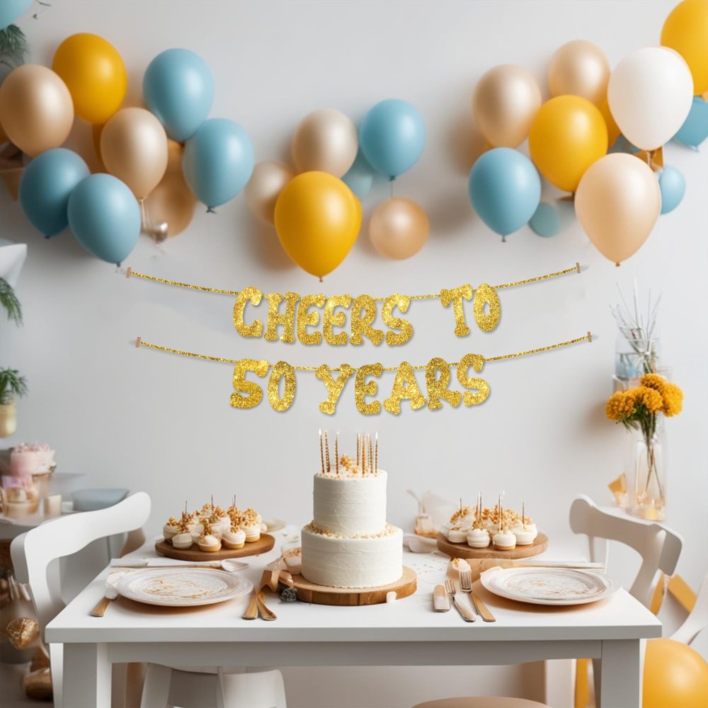 Cheers to 50 Years - Happy 50th Birthday Party Glitter Banner - 50th Birthday Party Decorations and Supplies - 50th Wedding Anniversary Decorations, Pre-strung - No DIY required - Image 5