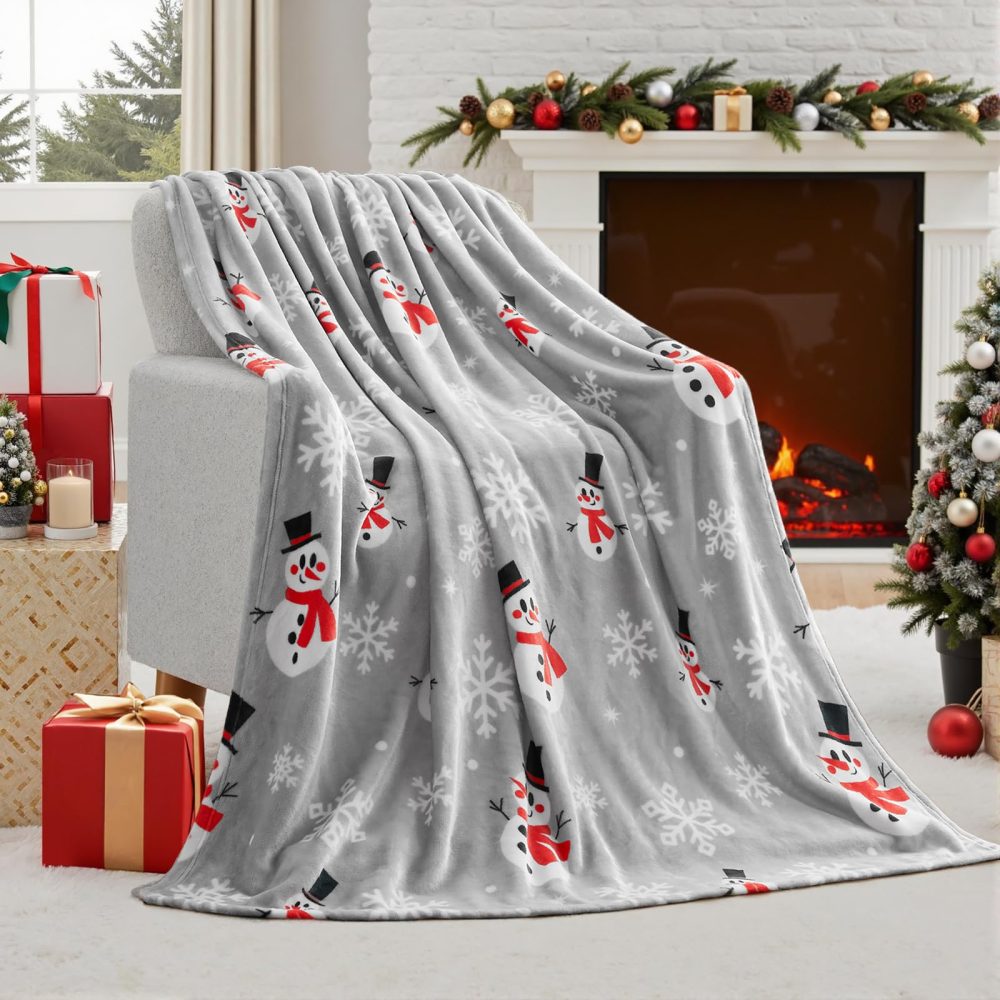 Joiedomi Gray Snowman Christmas Throw Blanket (130x150cm), Soft Flannel Blanket, Warm Plush Christmas Decoration, Winter Cozy Holiday Cabin Throw for Sofa Couch