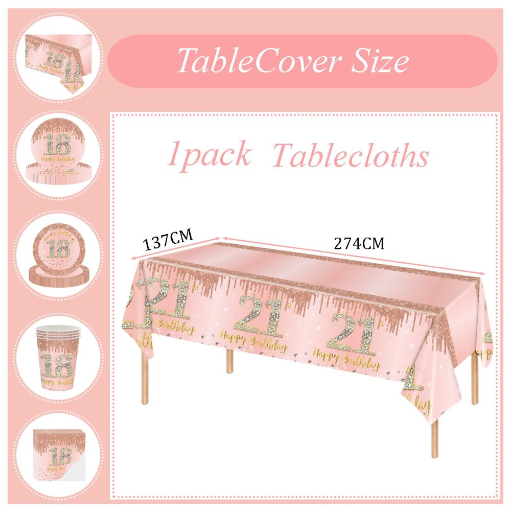 137*274cm Rose Gold 21st Birthday Table Cloth 21st Party Table Decorations,21st Birthday Tablecover Rose Gold Plastic Disposable Waterproof Table cover for Girl,Women,Her Birthday Party Decorations - Image 4