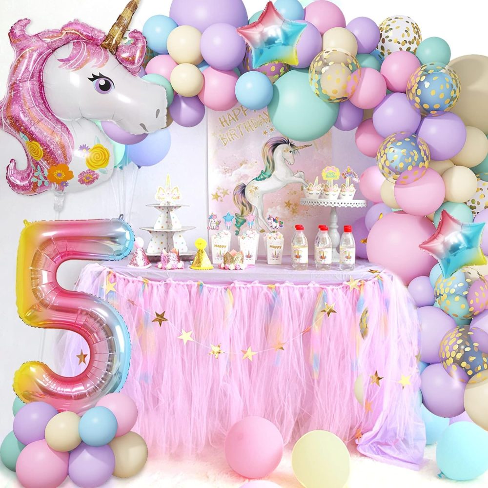 5th Unicorn Balloons Arch Kit Girl Birthday Party Decorations 120Pcs Pastel Macaron Balloon Huge 3D Unicorn Foil Age Balloons Happy Birthday Banner for Kids Birthday Party Deco - Image 7