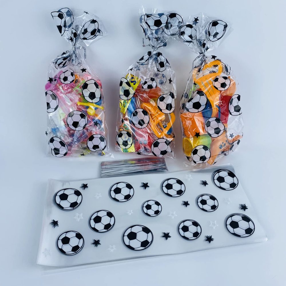 100 Pieces Clear Soccer Treat Bags Gift Bags, Soccer Party Favors Bags Soccer Cellophane Bag for Candy with 100 Pieces Silver Twist Ties - Image 2
