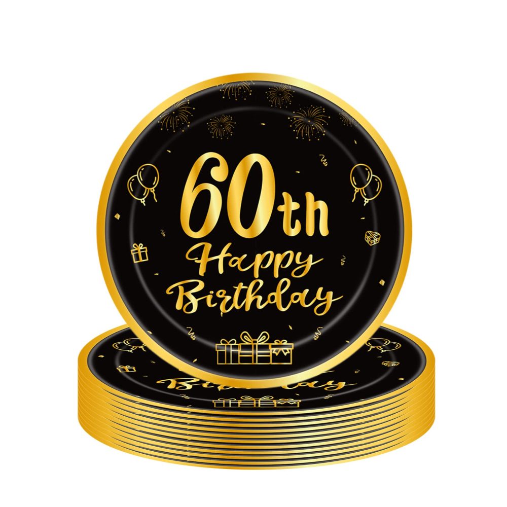 16Pcs Black Gold 60th Birthday Paper Plates 9",Birthday Tableware Party Plate Disposable,Happy 60th Birthday Table Decorations Plates Birthday Gifts for Women,Men,Ladies,Him,Her 60th Birthday Décor