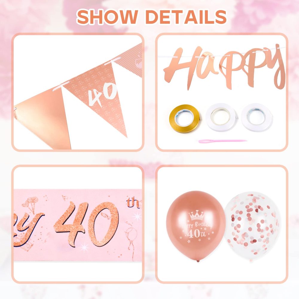 40th Birthday Decoration Kit Rose Gold Happy 40th Birthday Banner Triangle Flag Confetti Balloons Birthday Party Decorations Supplies Age 40 - Image 2