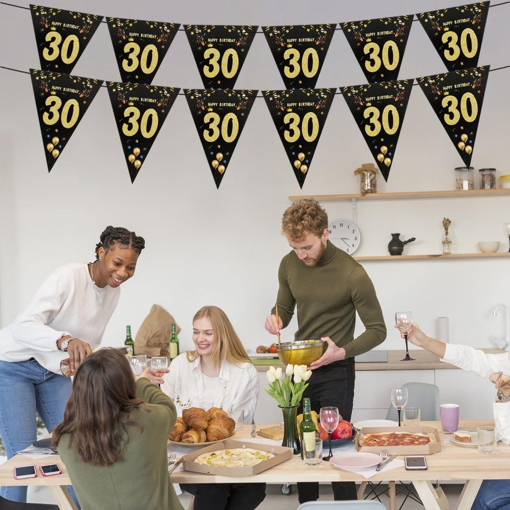 Happy 30th Birthday Banner Black Happy Birthday Banner Black Gold Party Decorations Bunting Flags Anniversary Party Supplies Decoration 30th Birthday Triangle Flag Banners for Men Women A8HJSJLQ (30) - Image 3