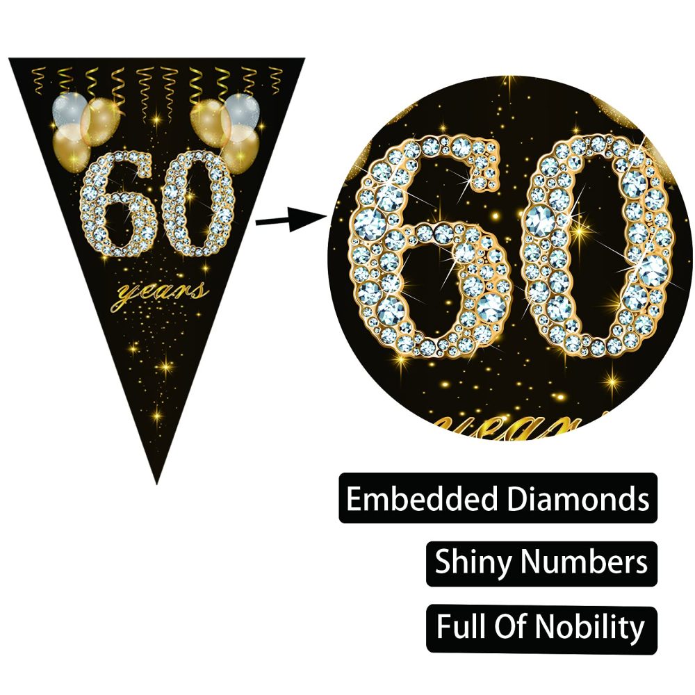 60th birthday bunting, Happy Banner Bunting Flags, 40 Pieces Triangle Gold Black Glitter Diamond by Numbers 60th Birthday Anniversary Theme Party Decoration Supplies - Image 6