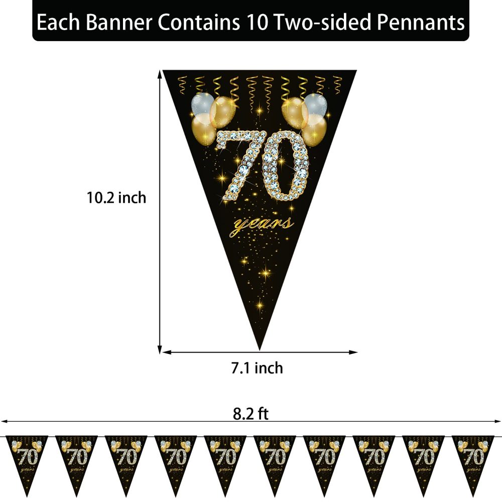 70th birthday bunting, Happy Banner Bunting Flags, 40 Pieces Triangle Gold Black Glitter Diamond by Numbers 70th Birthday Anniversary Theme Party Decoration Supplies - Image 2