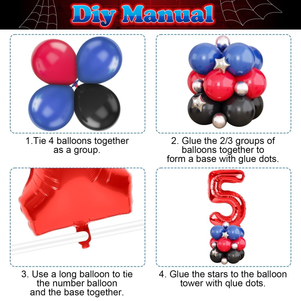 40 Inch Number 5 Balloon Red, Spider Balloon Tower with Red Blue Black Balloons and Metallic Silver Star Foil Balloons for Boys 5th Birthday Party Decor Spider Hero Theme Party Supplies - Image 3