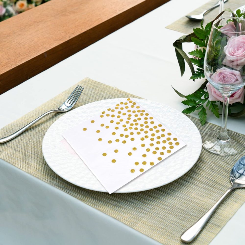 20PCS Gold Napkins Disposable 6.4X6.4 Inch White and Gold Party Napkins Cocktail Serviettes Napkins Birthday Golden Wedding Anniversary Napkins Baby Shower Paper Napkins Gold Dots Bridal Shower Napkin - Image 4