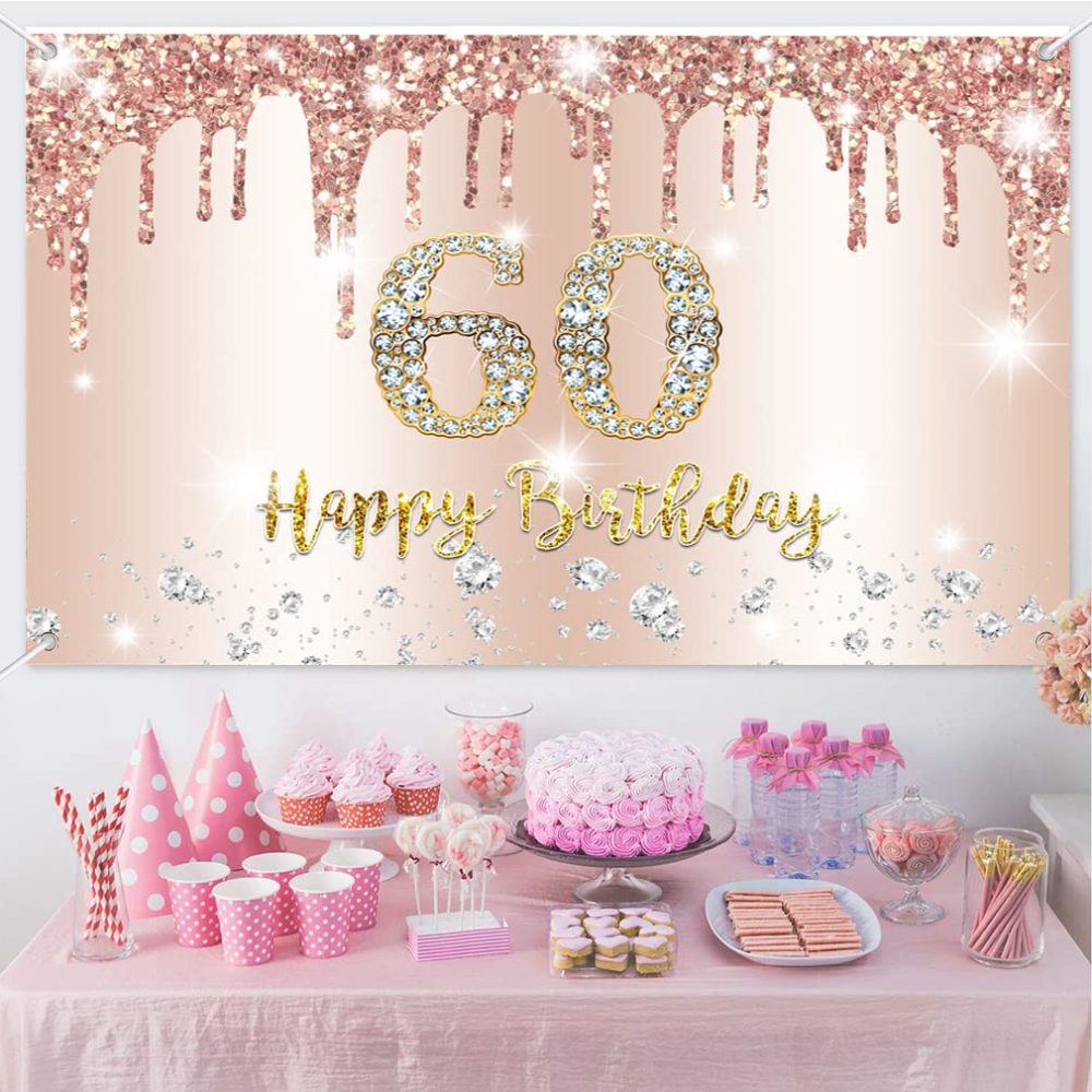 Happy 60th Birthday Party Decoration Backdrop Banner for Woman Happy 60 Years Old Fabric Sign Poster, Glitter Rosegold Photo Background 60th Birthday Decorations Party Supplies, 150x90cm - Image 4