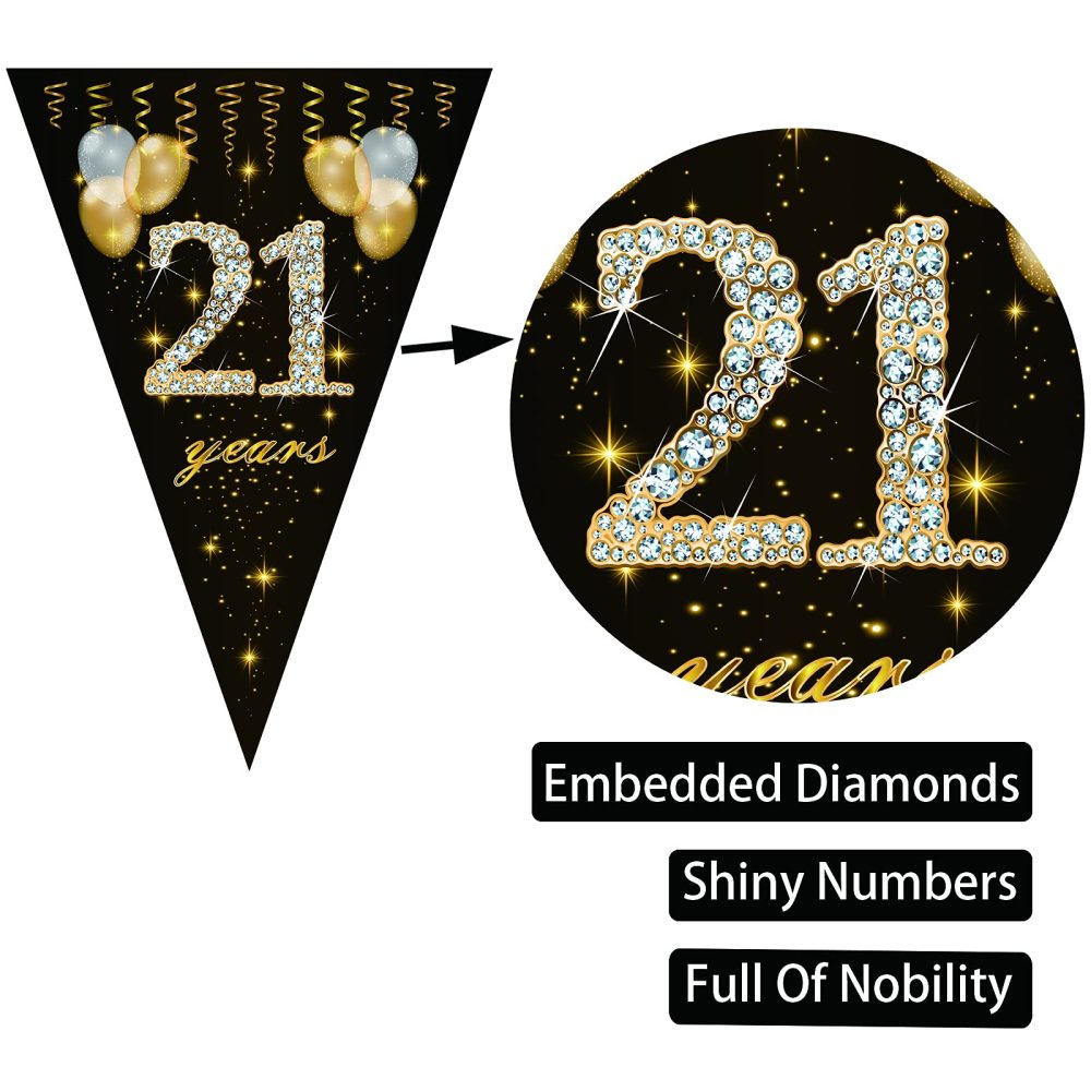 21th birthday bunting, Happy Banner Bunting Flags, 40 Pieces Triangle Gold Black Glitter Diamond by Numbers 21th Birthday Anniversary Theme Party Decoration Supplies - Image 6