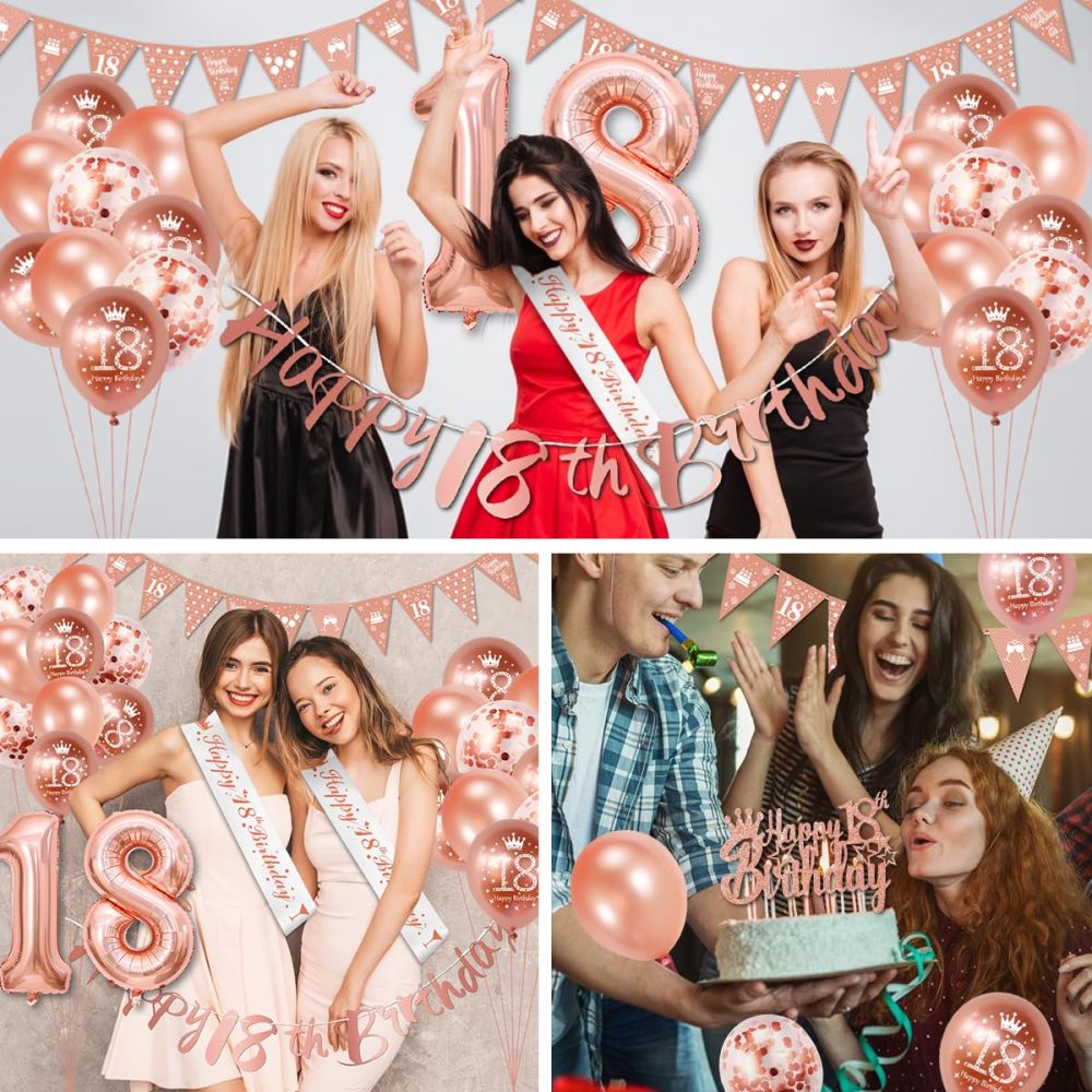 18th Birthday Decorations, Rose Gold 18th Birthday Decorations for Girls,Happy 18th Birthday Banner Triangle Flag Bunting 18th Birthday Sash 18 Balloons Cake Topper for Happy 18 Party Supplies Favor - Image 2