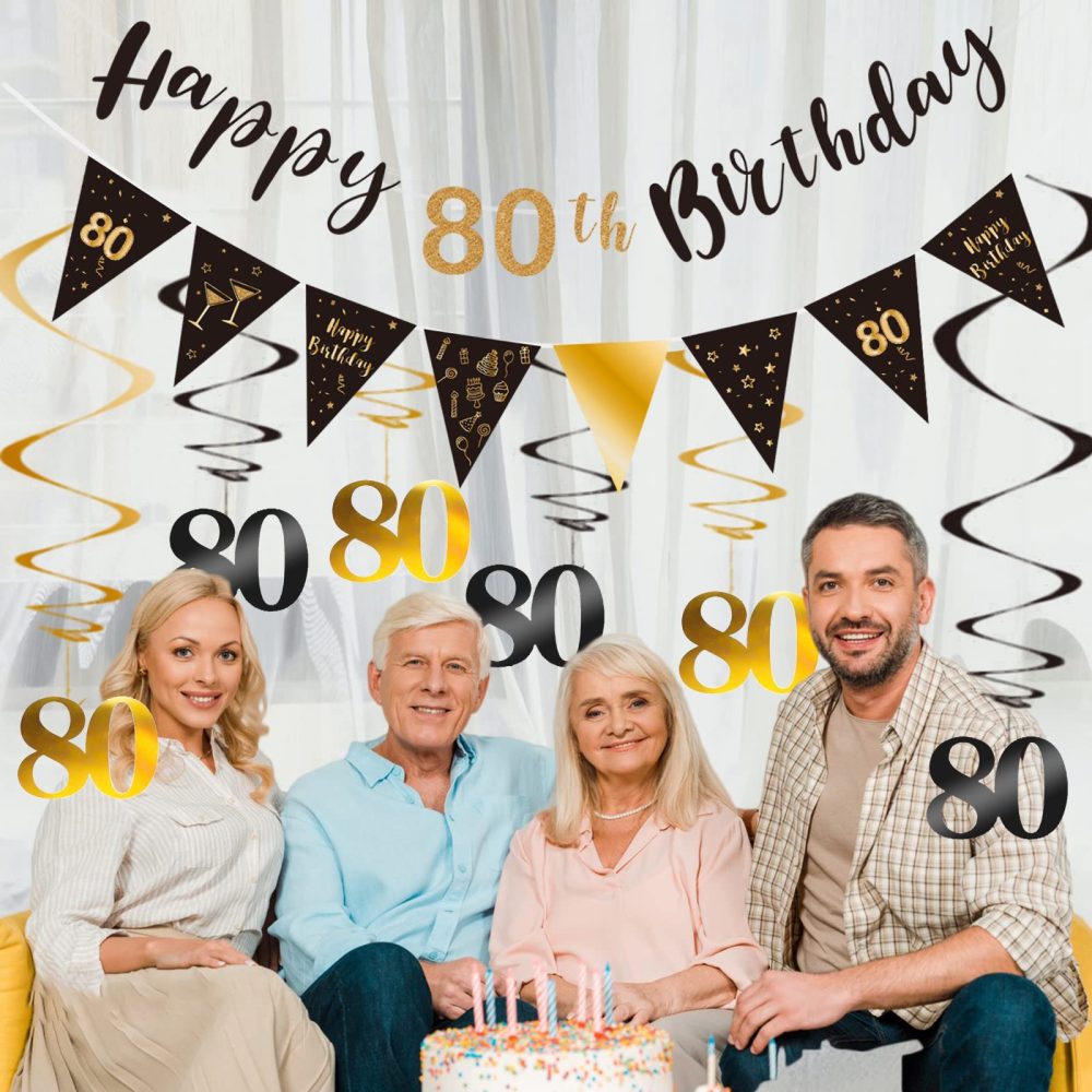 SZHUIHER 80th Birthday Decoration Kit, Happy 80th Birthday Banner Bunting Swirls Streamers, Triangle Flag Banner for Birthday Party Decorations Supplies Black and Gold 80th - Image 2