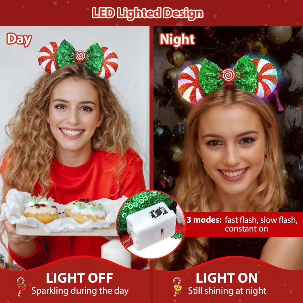 HXPLN Christmas Mouse Ears Headband with Light, Christmas Ears Bow Headband for Adult Women Christmas Party Park Ears Dress Up Accessories (Lolipop Led) - Image 7