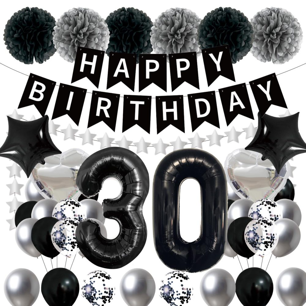 Afritee 30th Birthday Balloon Decorations - Black and Silver Happy Birthday Balloons for Men Women Happy 30th Birthday Banner Large 40" 30 Foil Balloons Cool 30th Birthday Balloons Set Supplies