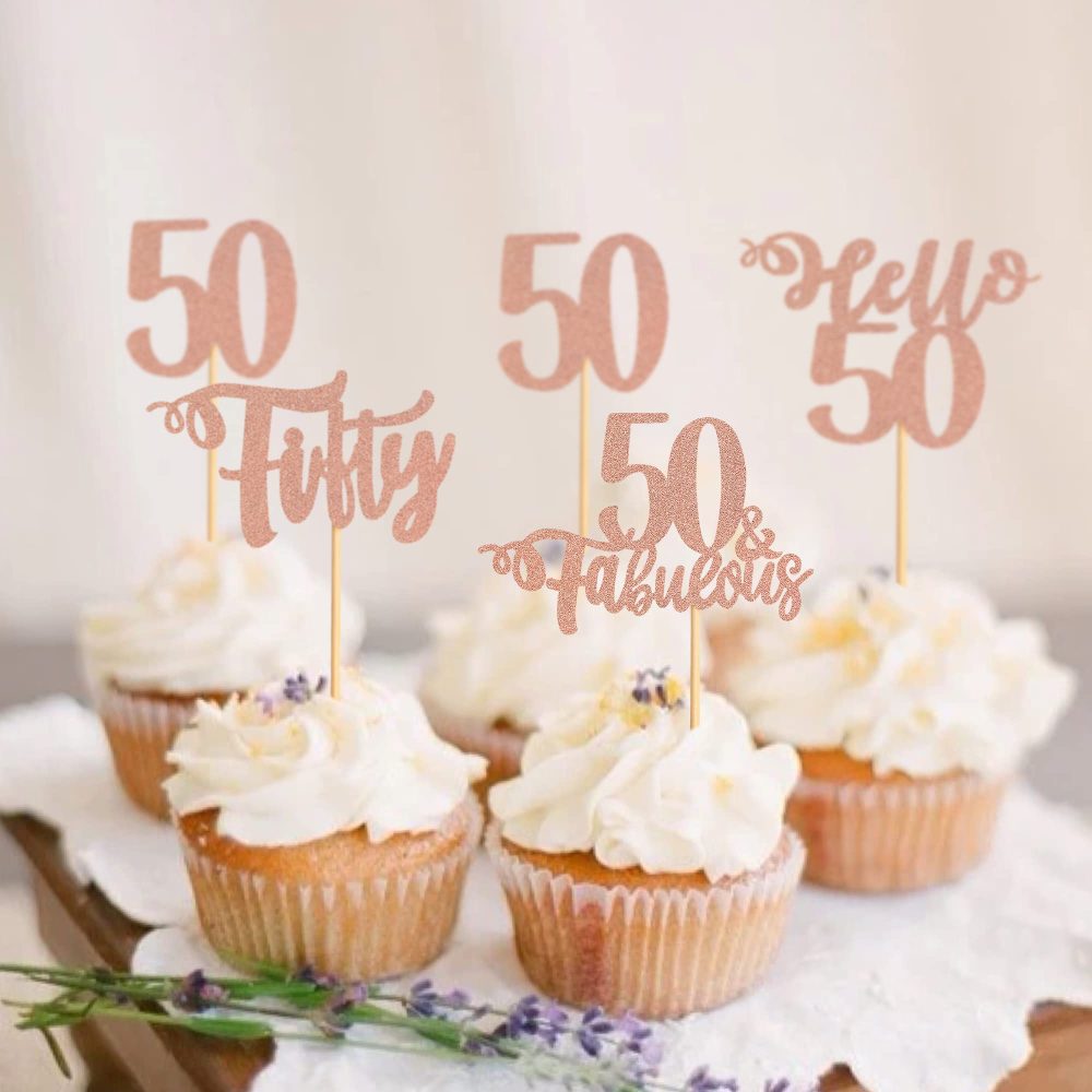 Blumomon Rose Gold Glitter 50th Birthday Cupcake Toppers Happy Birthday 50 Fabulous Cupcake Toppers Happy 50th Cake Decorations for 50th Birthday Happy 50th Theme Party Supplies - Image 2