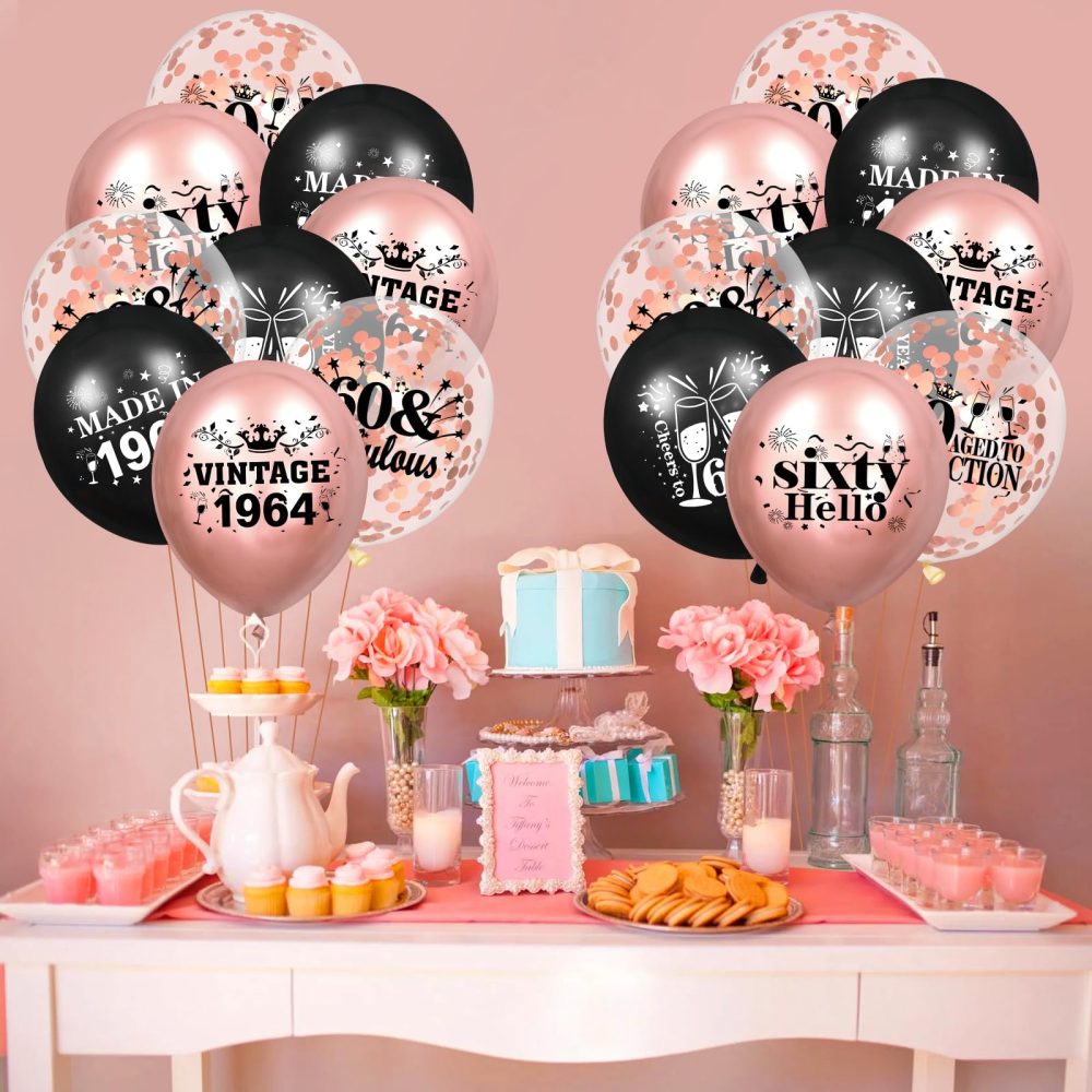 60th Birthday Balloons for Women 18Pcs Rose Gold and Black 1964 Balloons 60th Birthday Party Decorations 12 inch Vintage Confetti Latex Balloons Party Supplies for 60th Birthday Anniversary Party - Image 7