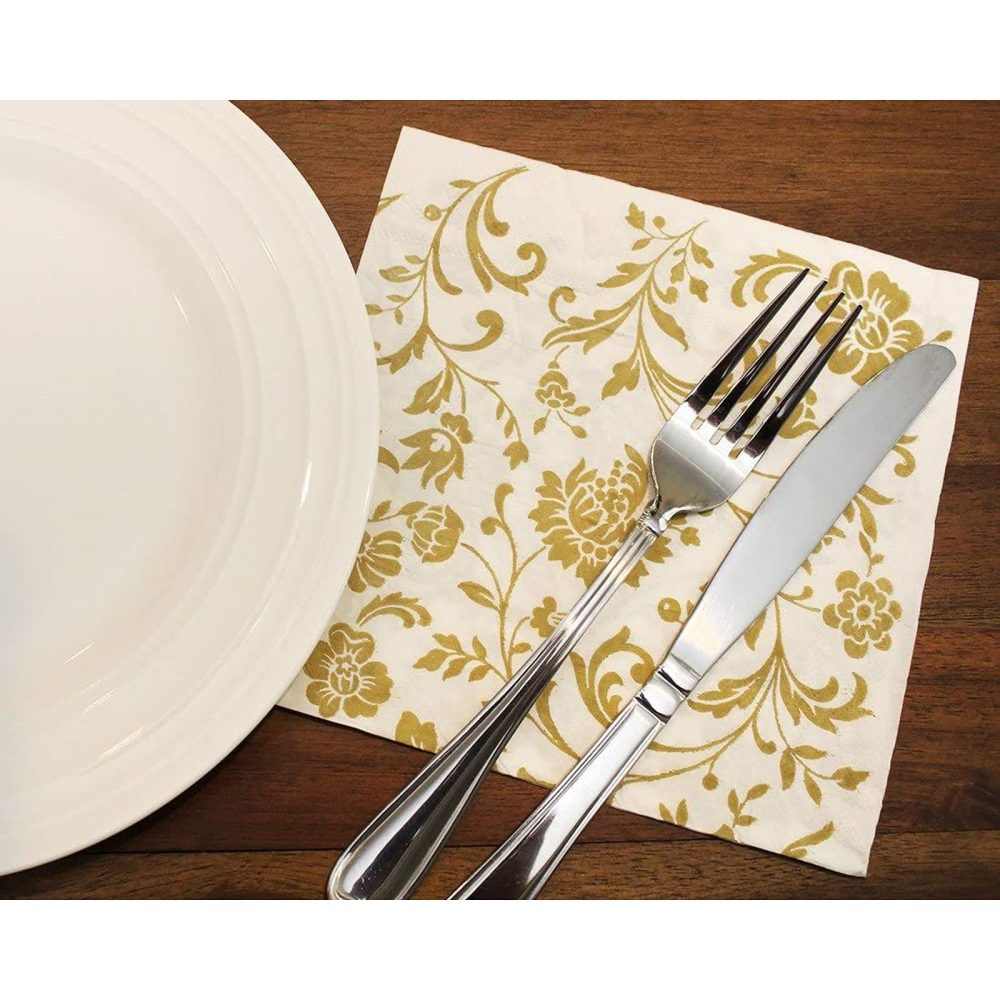 100 Pack Gold and White Floral Paper Napkins, Disposable Party Napkins, Soft Serviettes for Wedding, Anniversary Party Supplies, 16.5 x 16.5 cm - Image 5