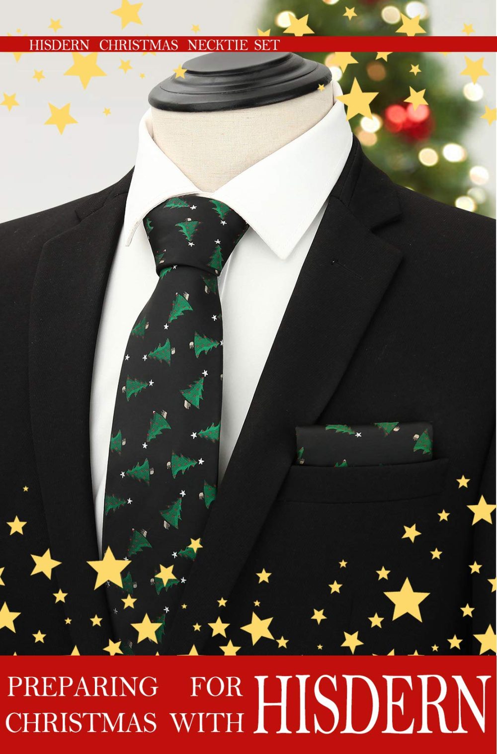 HISDERN Christmas Black Tie for Men Green Trees Pattern Ties Festival Party Xmas Dinner Necktie & Pocket Square Set - Image 7