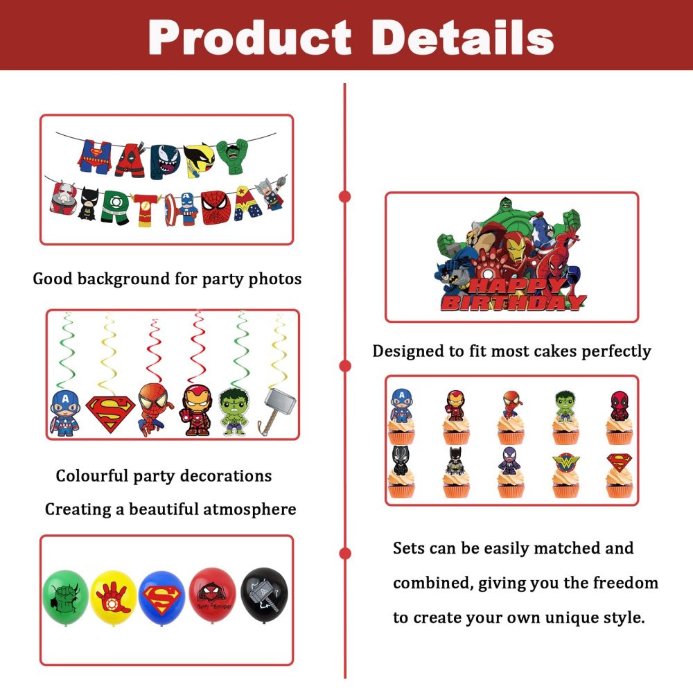 44Pcs Superhero Avengers Birthday Decorations for Boys Home Super-Hero Party Balloons,Happy Birthday Banner Bunting,Cake Toppers,Hanging Swirls for Kids Baby Shower Cartoon Theme Party Supplies - Image 4