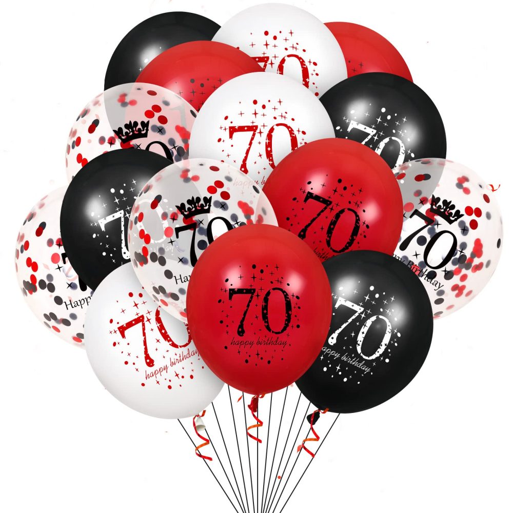 RUMIA 70th Birthday Balloons, 16Pcs Red Black Happy 70th Birthday Balloons, Red Black 70th Birthday Party Decorations Balloons for Women Men 70th Birthday, Anniversary Decoration