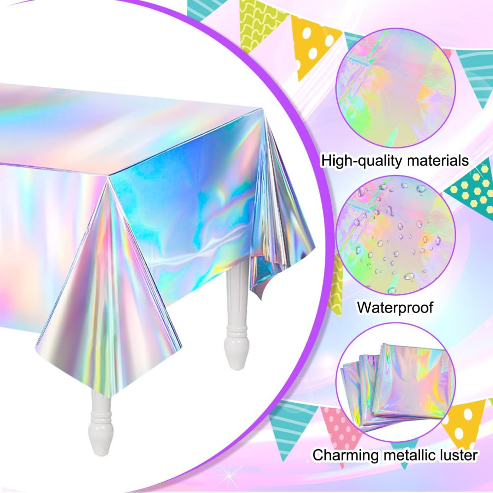 Meng Jiaran 4 Pack Iridescent Party Table Cloths Tablecloth for Mermaid/Birthday Party, 2 Styles Rainbow Holographic Rectangle Table Covers Shiny Tablecloth for Wedding Christmas Party Decorations - Image 6