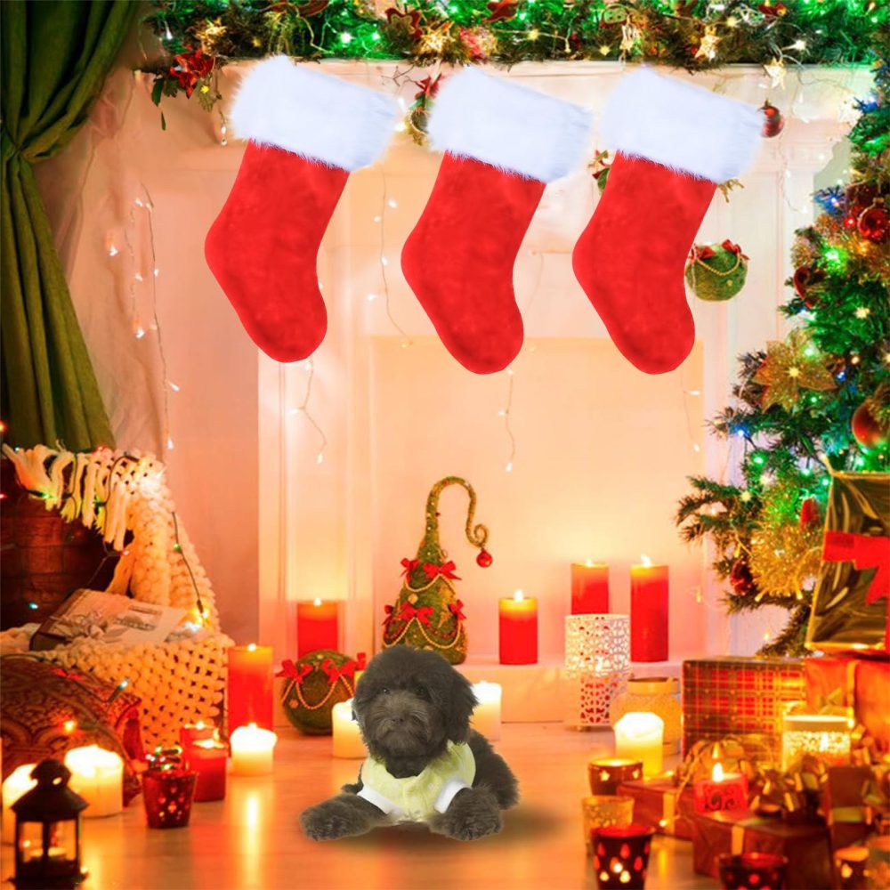 POPOYU 3Pcs Luxury Plush Red Christmas Stockings Set,Extra Thick Red Velvet Large Christmas Socks with White Soft Plush Cuff,Hanging Sack Xmas Fireplace Decorations for Christmas Home Party Supplies - Image 2