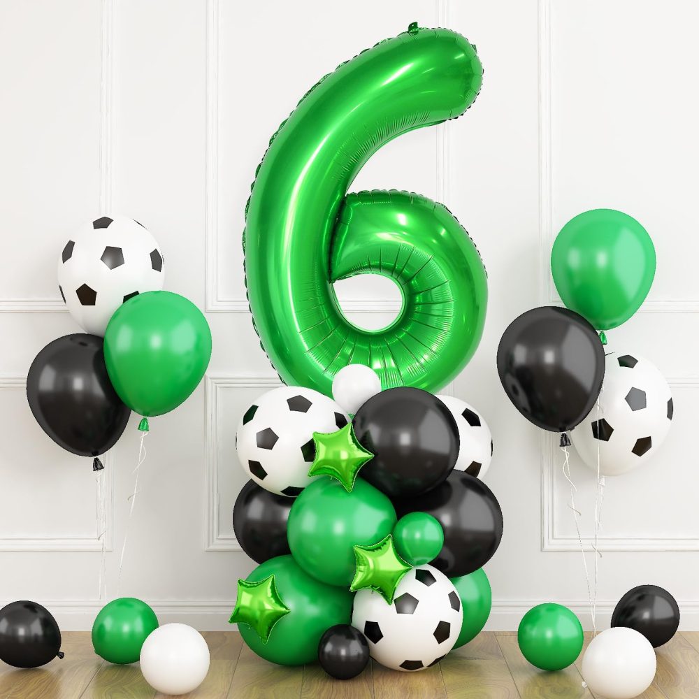 Football Balloons 6th Birthday Decorations for Boy, Soccer Birthday Party Decorations with Dark Green Number Balloon 6, Black Green White Balloons for World Cup Football Sports Theme Party Supplies