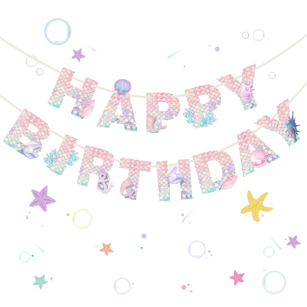 Mermaid Happy Birthday Banner, Birthday Party Decorations for Girls, Mermaid Theme Birthday Party Supplies for Home Table Outdoor