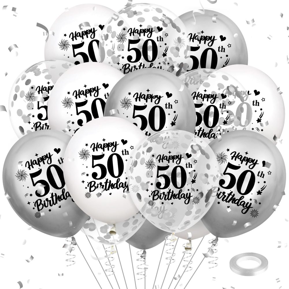 50th Birthday Balloons Decorations White Silver 18pcs Happy 50th Birthday Party Confetti Balloons Latex for Women Men Happy 50th Birthday Anniversary Party Supplies Decor 12 inches Indoor Outdoor