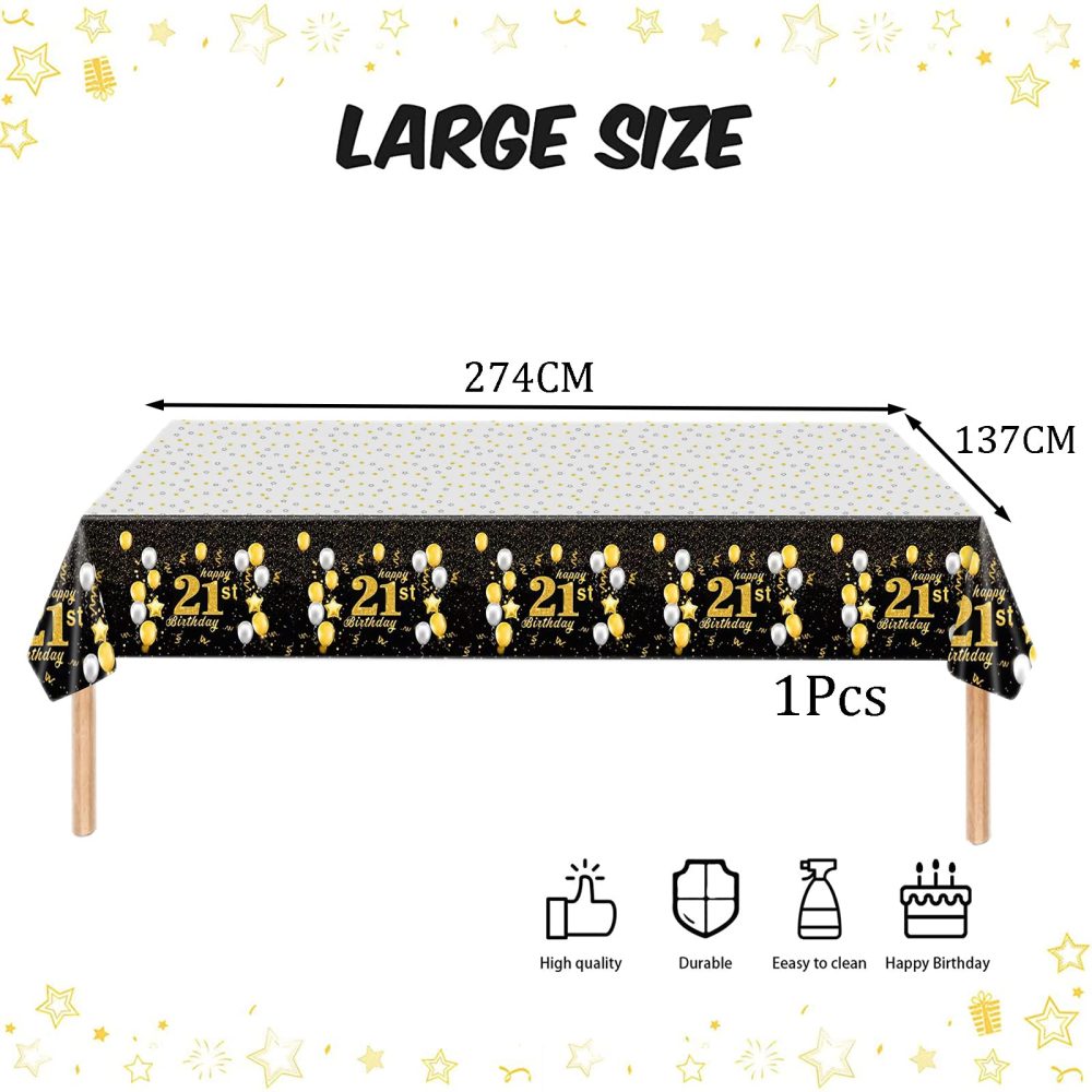 Black Gold Happy 21st Birthday Table Cloth Cover Party for Boys,Girls,Men,Women,Him,Her,137*274cm 21st Birthday Table Decorations,Rectangular Plastic Tablecloth for 21st Birthday Party Supplies Decor - Image 7