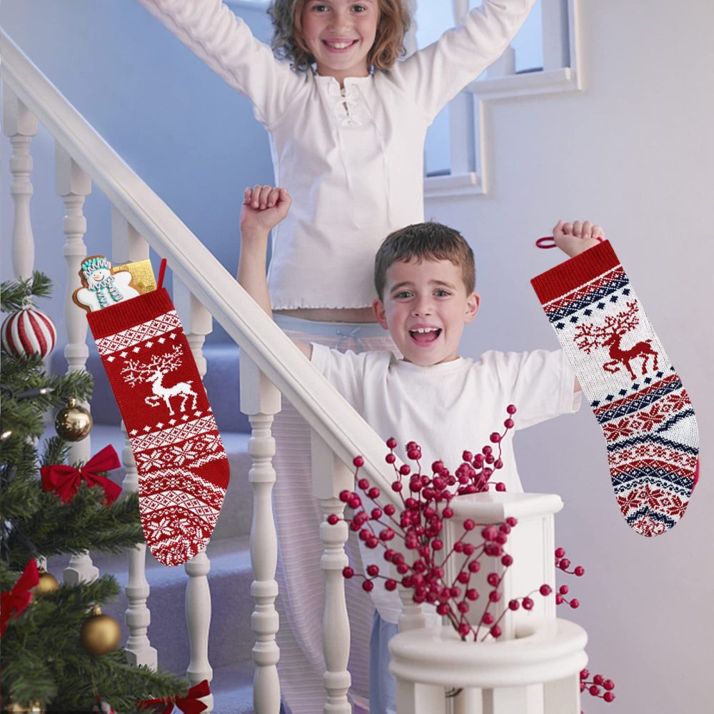 Knitted Christmas Stockings Set of 2, 18 inch Large Christmas Stocking Personalised Knitted Xmas Stocking Hanging for Fireplace Christmas Tree Decorations Sack, Santa and Reindeer Theme Gift Bags - Image 5
