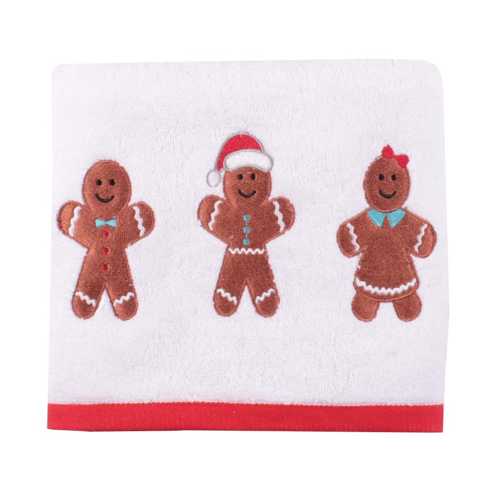 Fusion - Christmas Gingerbread Man Hand Towels 2 Pack (50 x 90cm) - Soft Fluffy 100% Cotton - Embroidery Gingerbread Hand Towels - Christmas Bathroom Towels - Christmas Decorations/Bathroom Accessory