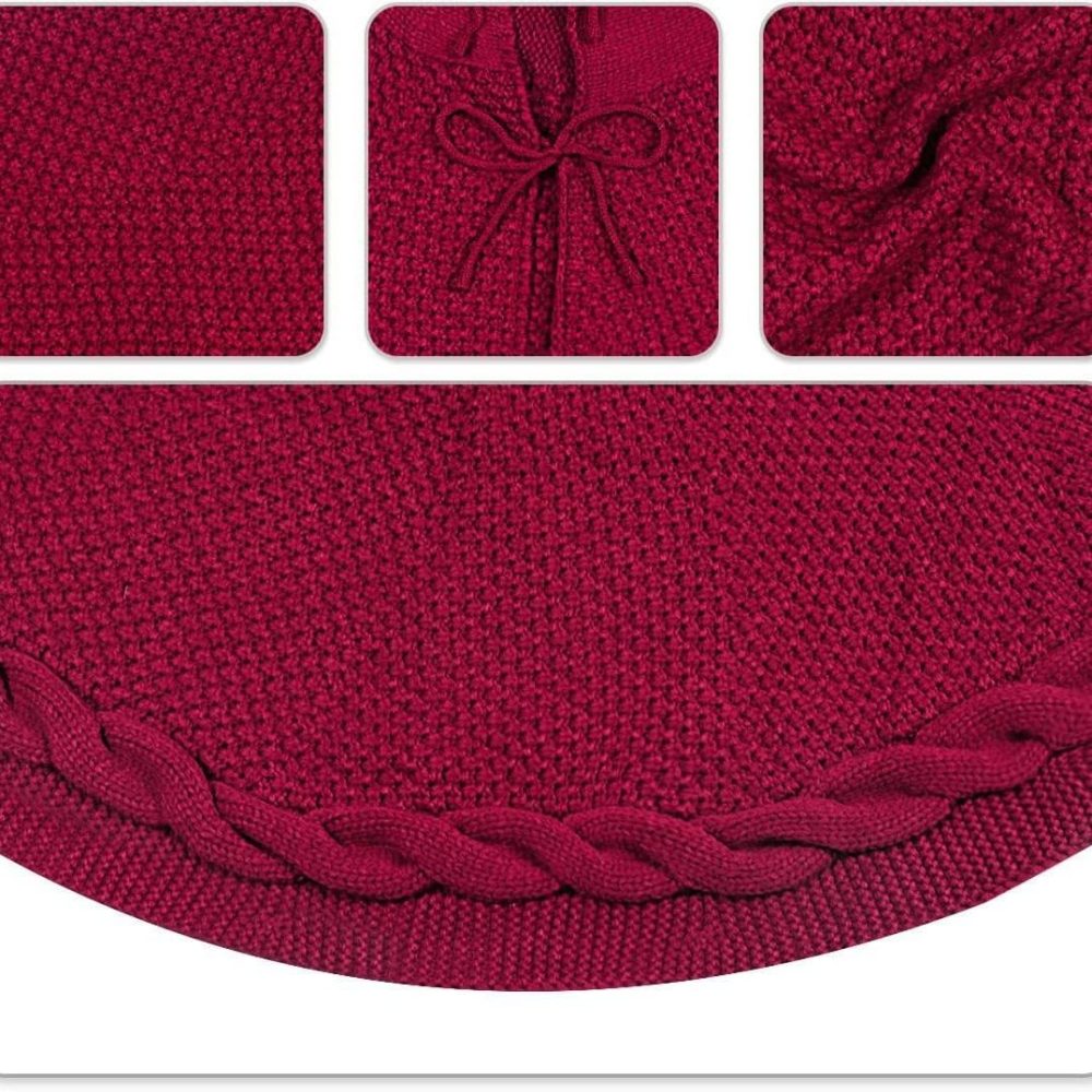 XUDREZ Large Christmas Tree Skirt, Heavy Yarn Base Cover 3D Knitted Christmas Tree Mat Christmas Tree Base Covers Xmas Tree Decorations for Party Holiday (Burgundy,122cm/48 inch) - Image 2