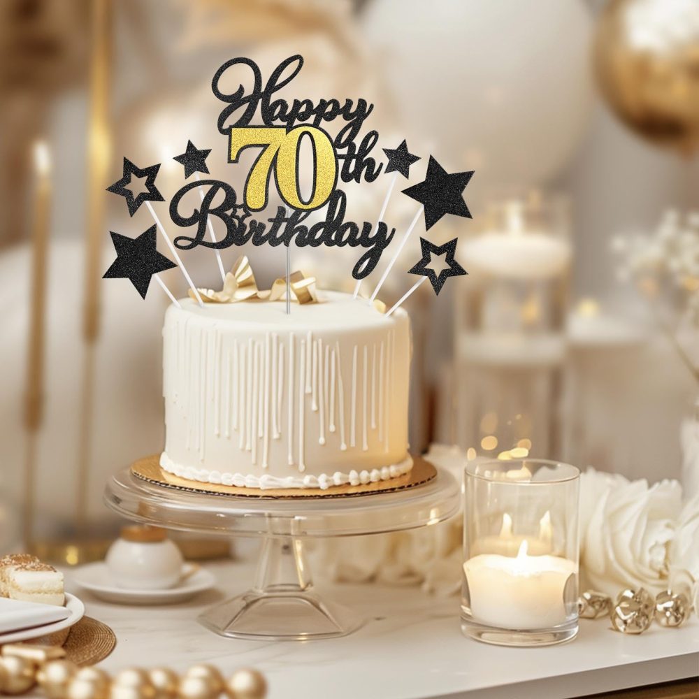 Happy Birthday Cake Topper 70, Seventy Birthday Decorations Black Gold Glitter 70th Birthday Cake Decor with Star Sticks Birthday Anniversary Party Supplies for Boys Girls Teens Men Women - Image 4