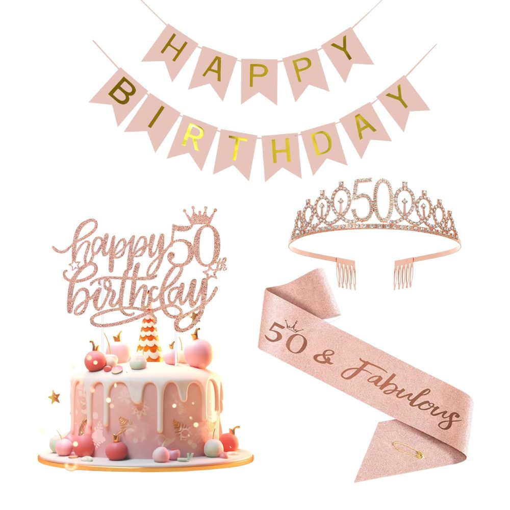 Iridsmole Rose Gold 50th Birthday Decorations for Women, 50th Birthday Sash and Tiara Rhinestone Crown, Rose Gold Happy Birthday Banner, Happy 50 Birthday Cake Topper for 50th Birthday Party Supplies