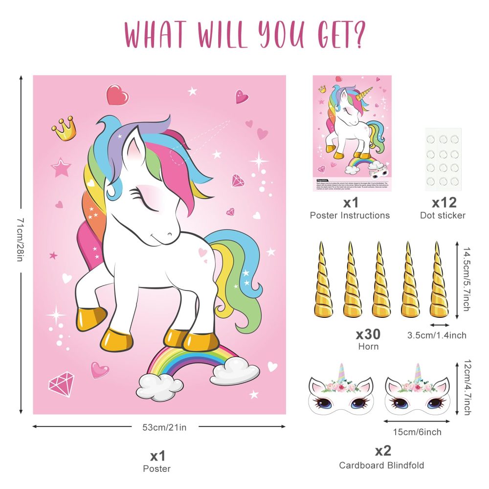 ASTARON Pin The Horn on The Unicorn Birthday Party Game with 30 Horns for Unicorn Party Supplies Favors Girls Rainbow Party Decorations, Pin The Tail Game for Christmas - Image 6