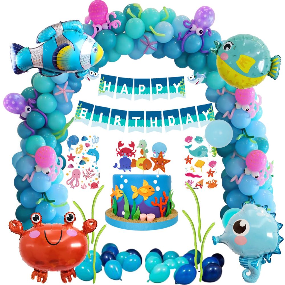 Under the Sea Party Decorations, Birthday Decorations for Boys, Under the Sea Balloon Arch Kit, Happy Birthday Banner, Ocean Animals Balloons Kids Boy Blue Birthday Party Decoration Supplies