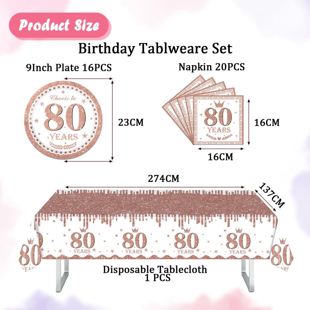 37Pcs 80th Birthday Decorations for Her Women,80th Birthday Tableware Set,Rose and Gold Party Decorations,80th Party Decorations with 80th Birthday Paper Plates and Napkins,80th Birthday Table Cloth - Image 4