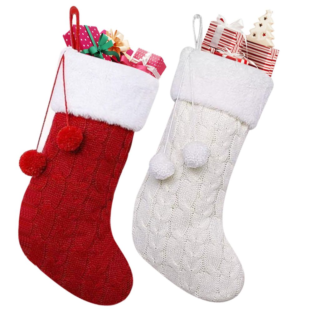 TATAFUN 2 Pack Knitted Christmas Stocking Red White Christmas Stocking Large Size Xmas Stockings Santa Stockings with Pompom for Christmas Party Decorations