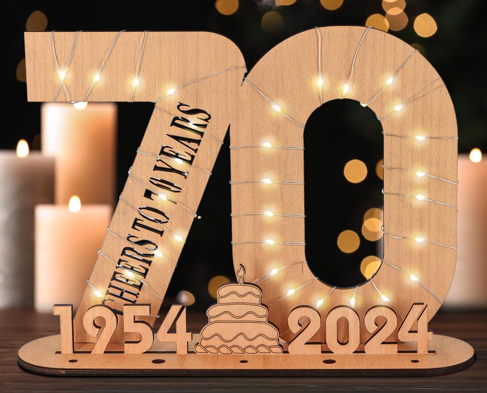 Giftota Original 70th Birthday Gift for Women Men, Money Gifts for 70th Birthday with LED Fairy Lights, 2024 Wooden Sign Guest Book, 70th Birthday Decoration, Personalised Gifts for Women Men