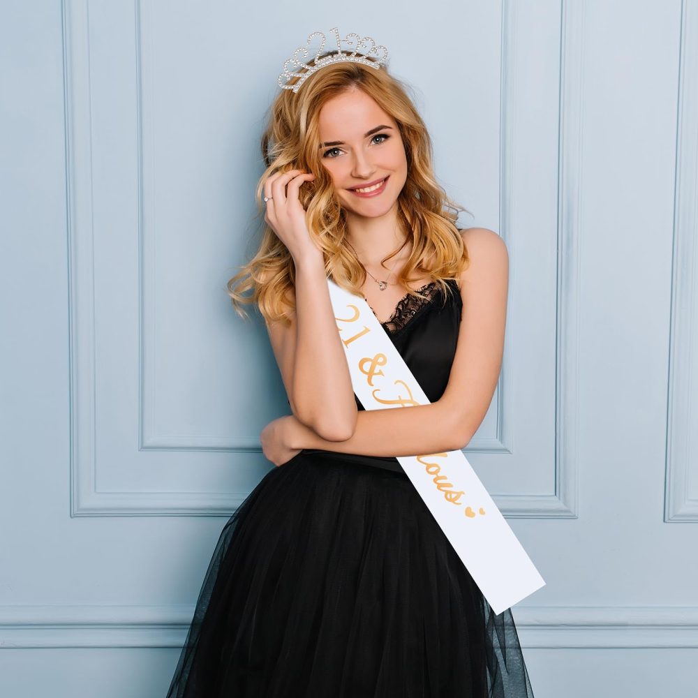 Fantasyon 21th Birthday Crown and Sash, Crystal Tiara Birthday Crown Birthday Tiara Rhinestone Crown for 50th Birthday Gift Party Accessories (21 Years Old) - Image 3